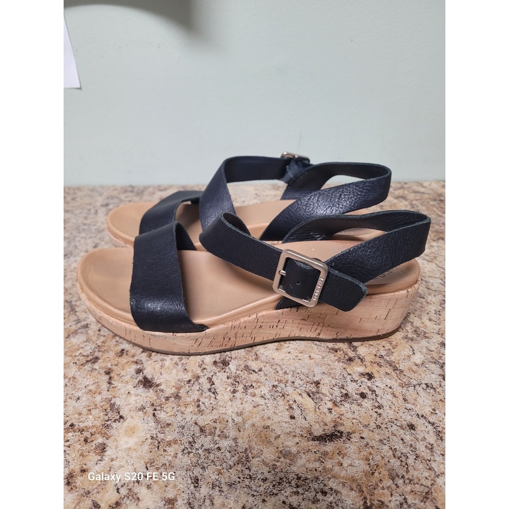 Kork-Ease Women's 7M Black Leather Strappy Cork Wedge Ankle Strap Boho Sandals